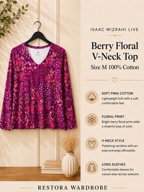 Isaac Mizrahi Live Magenta Floral Pima Cotton V-Neck 3/4 Sleeve Top M